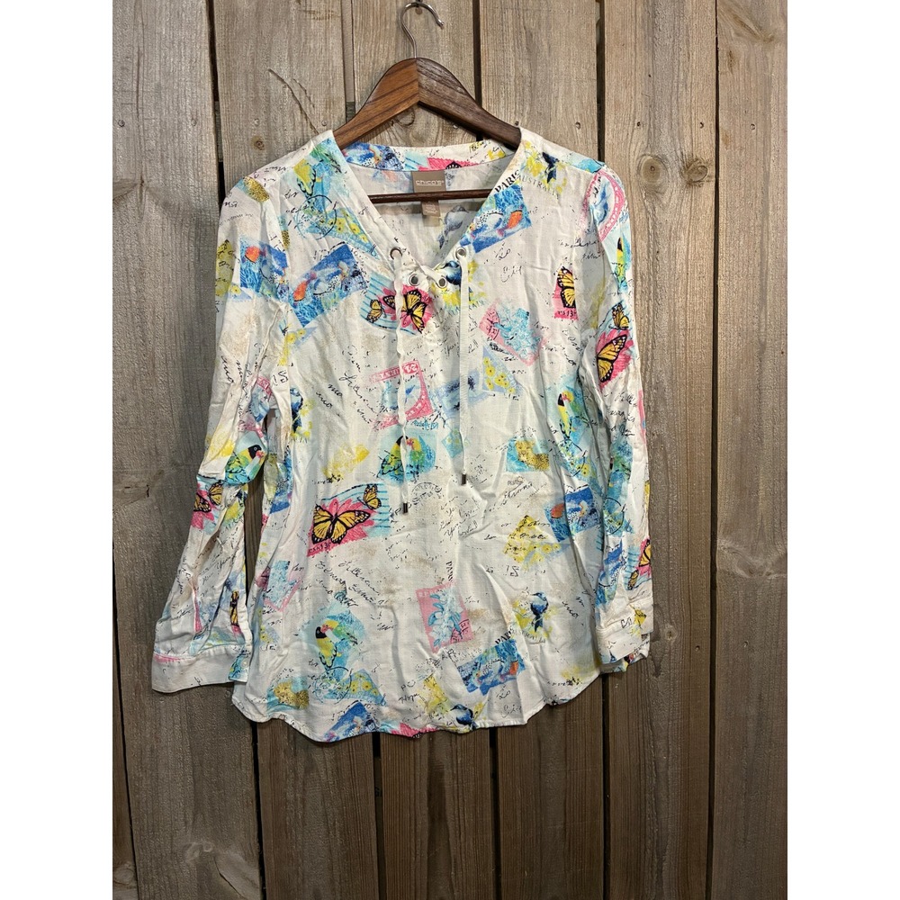 Chicos Butterfly Postage Stamp Print Lace Up V-Neck Rayon Top White Size 2 L